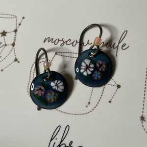 vintage tiny garden floral disc hook dangle earrings with sterling silver hooks